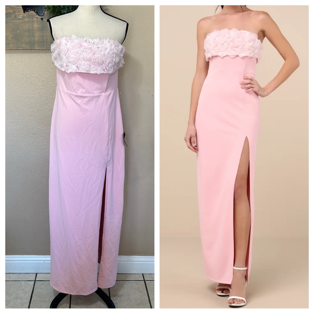 Lulus Fiore Light Pink 3D Rosette Strapless Maxi Dress
